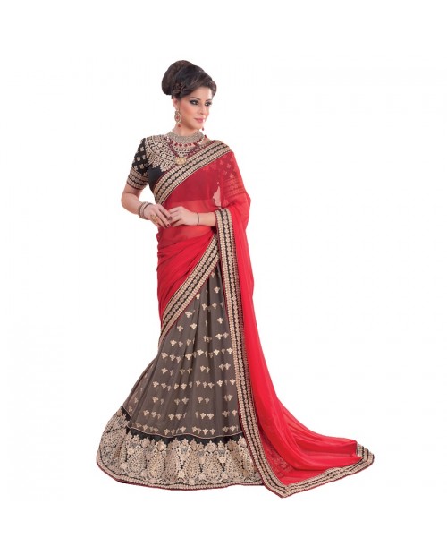 KITESHOP Evoking Red Grey Designer Lehenga Saree